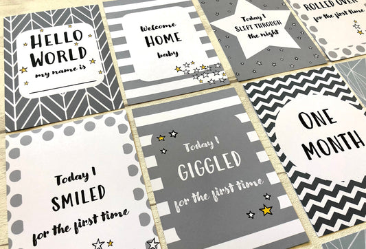 Neutral Grey Baby Milestone Cards for Baby Shower and Keepsake Gift